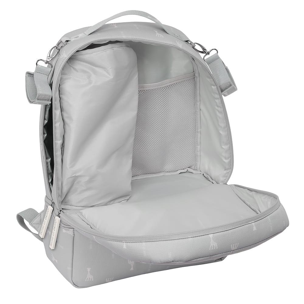 Mochila infantil Sophie the Giraffe com bolso frontal e garrafa térmica, cinza. 5/5