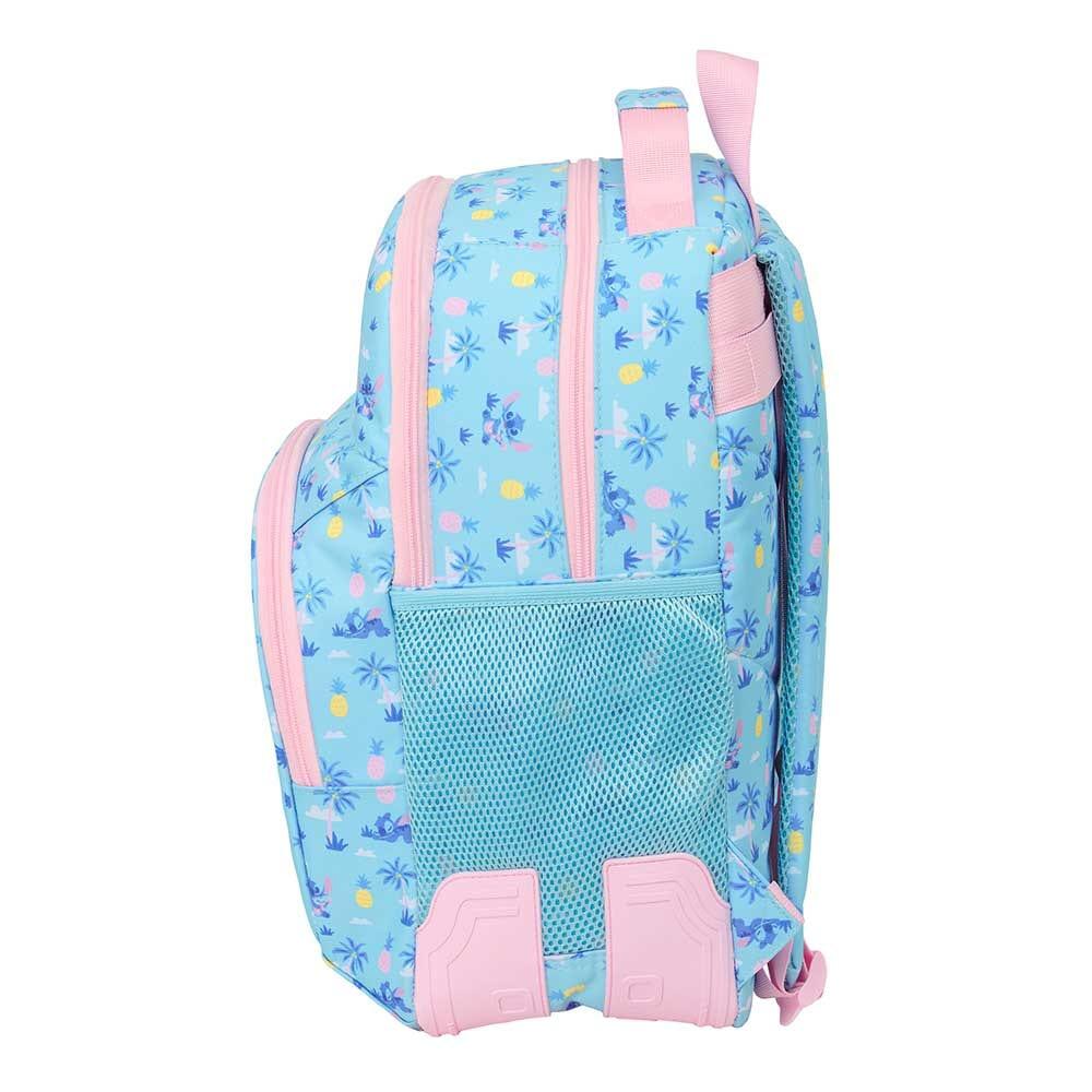 Mochila escolar dupla infantil Stitch com bolso frontal, azul e rosa. 3/3
