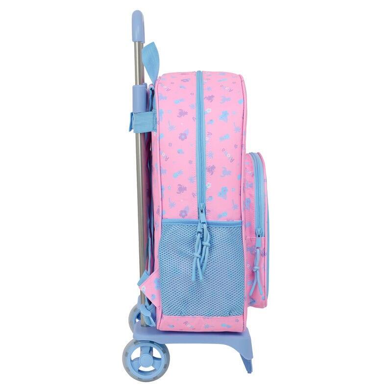 Mochila escolar infantil Stitch com rodinhas, bolso frontal, rosa e azul. 3/3