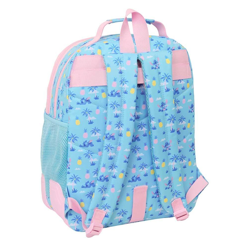 Mochila escolar dupla infantil Stitch com bolso frontal, azul e rosa. 2/3