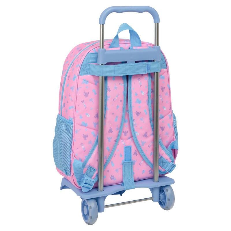 Mochila escolar infantil Stitch com rodinhas, bolso frontal, rosa e azul. 2/3