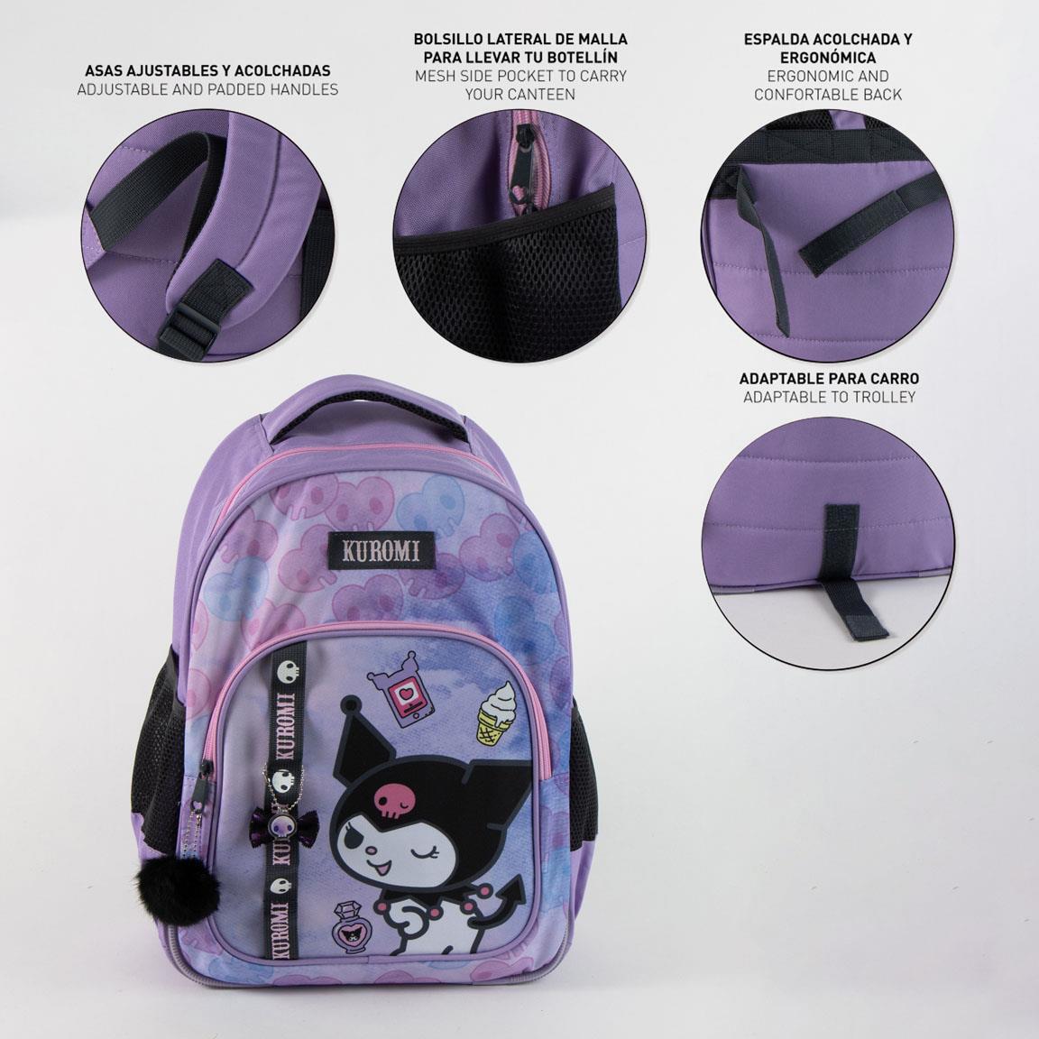 Zaino scolastico per bambini Hello Kitty Kuromi in poliestere con tasca viola 4/7