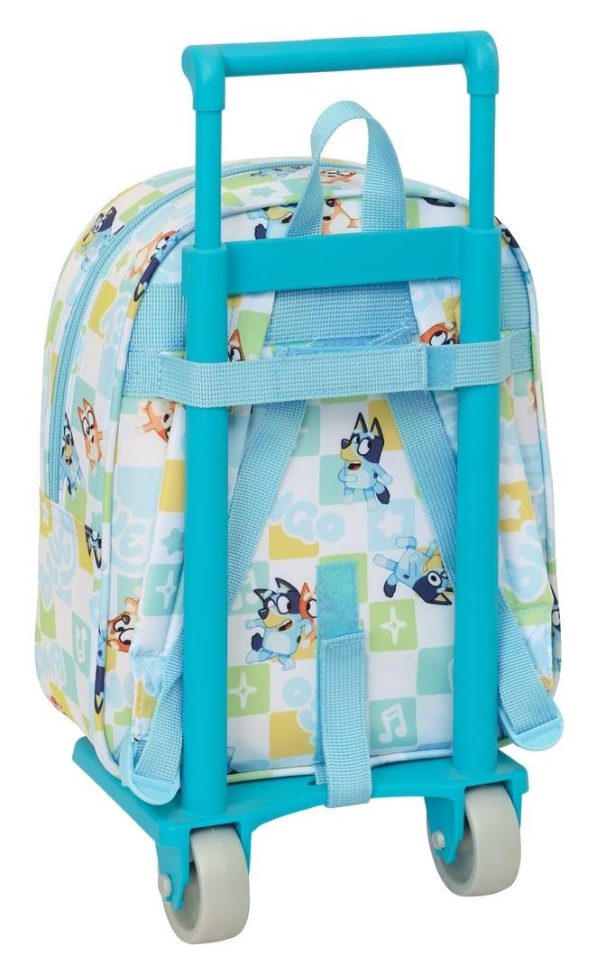 Mochila escolar infantil Bluey com carrinho e rodas removíveis, azul claro 2/3