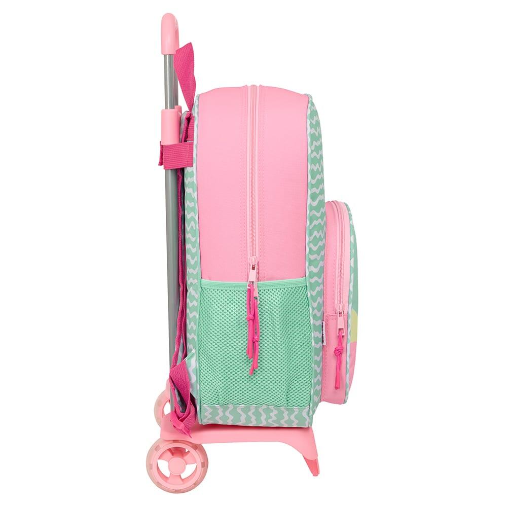 Mochila escolar infantil Stitch com rodinhas e bolso frontal, verde e rosa. 3/3