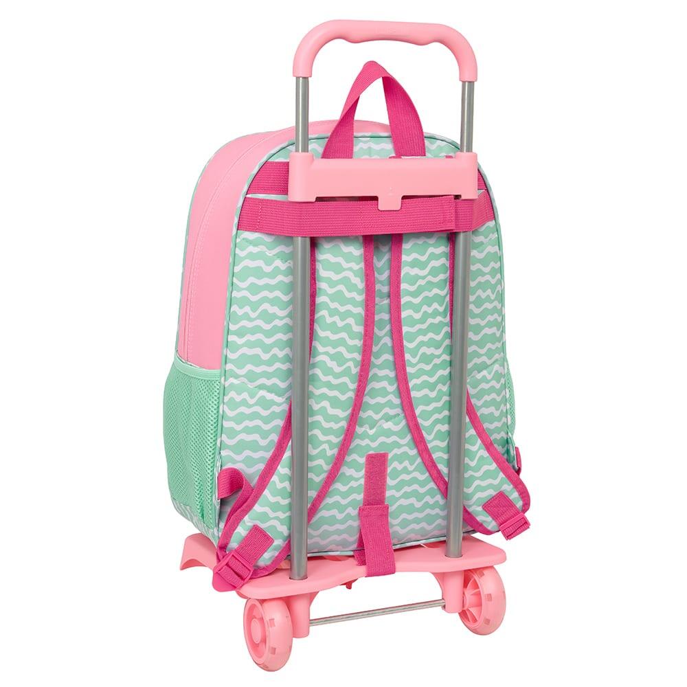 Mochila escolar infantil Stitch com rodinhas e bolso frontal, verde e rosa. 2/3
