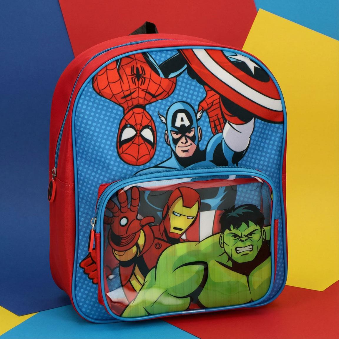 Mochila escolar infantil dos Vingadores em poliéster com bolso frontal, vermelha 6/6
