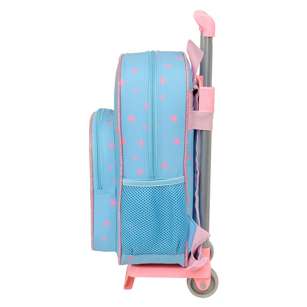 Mochila escolar infantil Stitch com rodinhas e bolso frontal, azul e rosa. 3/3