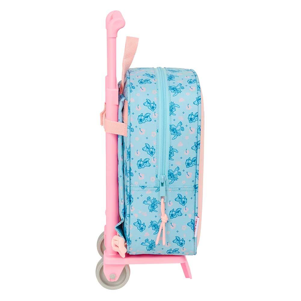 Mochila escolar infantil Stitch com carrinho e rodas removíveis, azul e rosa. 3/3