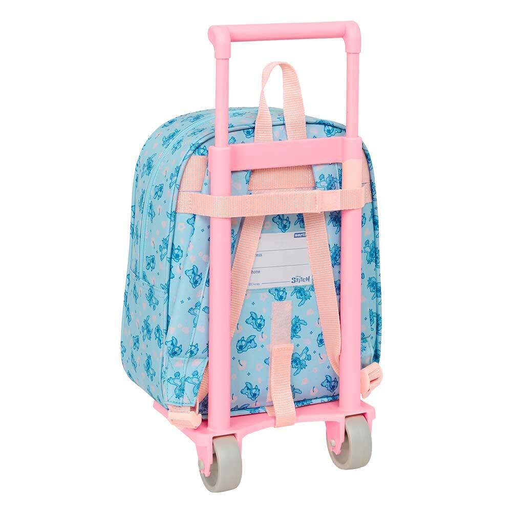 Mochila escolar infantil Stitch com carrinho e rodas removíveis, azul e rosa. 2/3