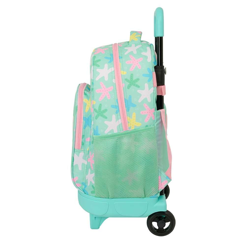 Mochila infantil com rodinhas, estampa de estrelas e bolso frontal, verde-água. 3/3