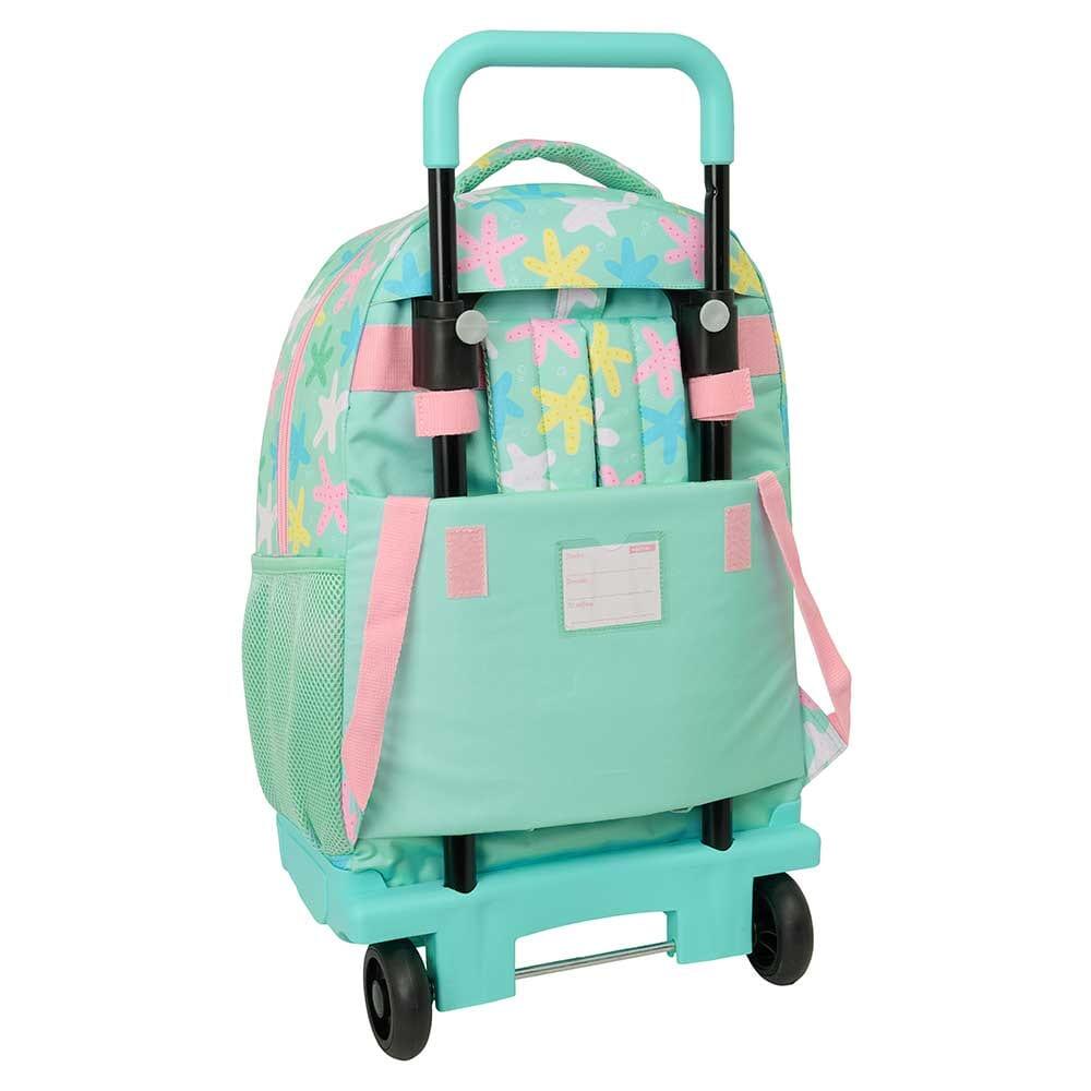 Mochila infantil com rodinhas, estampa de estrelas e bolso frontal, verde-água. 2/3
