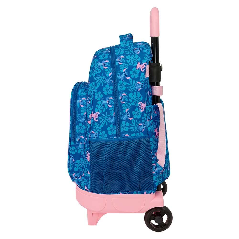 Mochila escolar infantil Stitch com rodinhas e bolso frontal, azul e rosa. 3/3