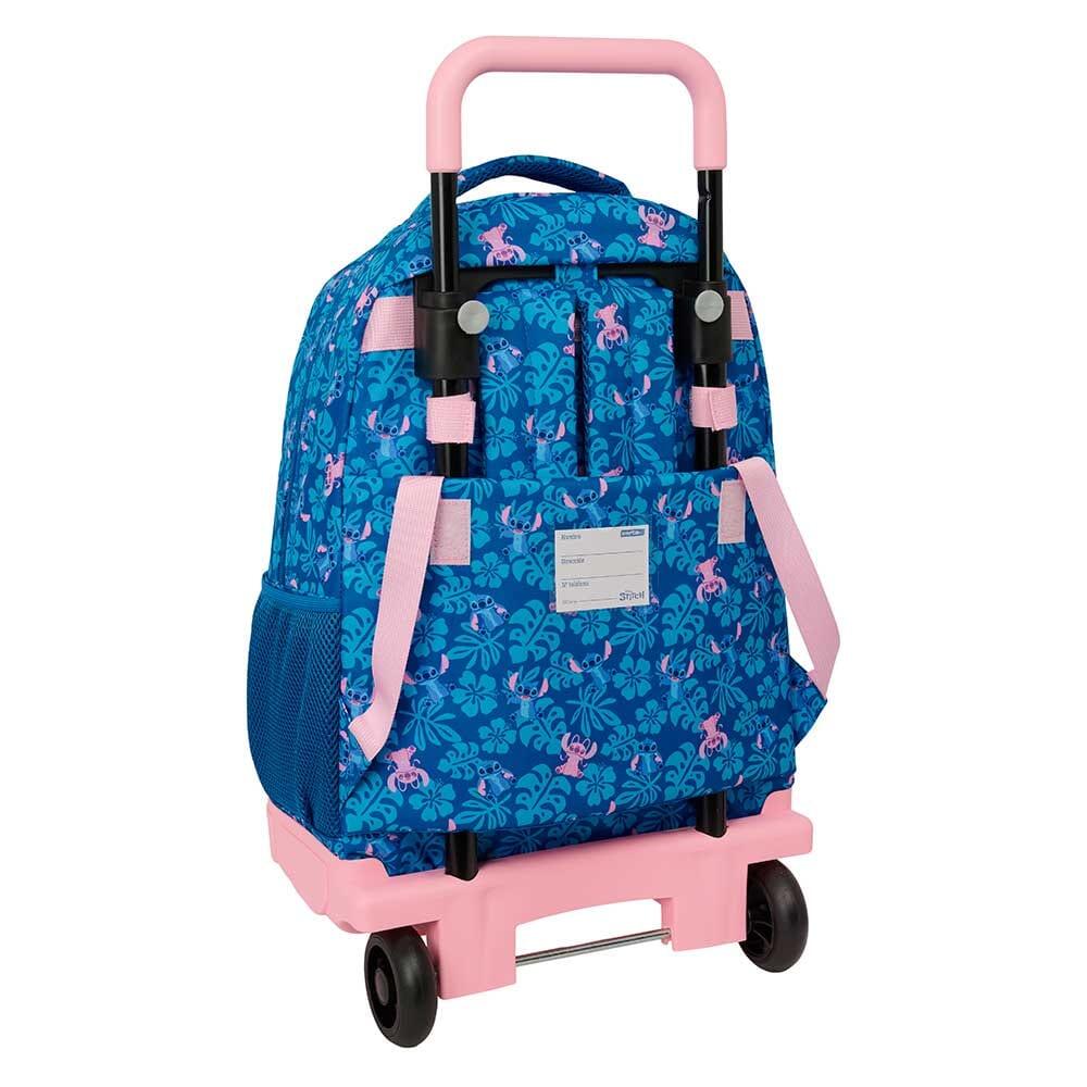 Mochila escolar infantil Stitch com rodinhas e bolso frontal, azul e rosa. 2/3