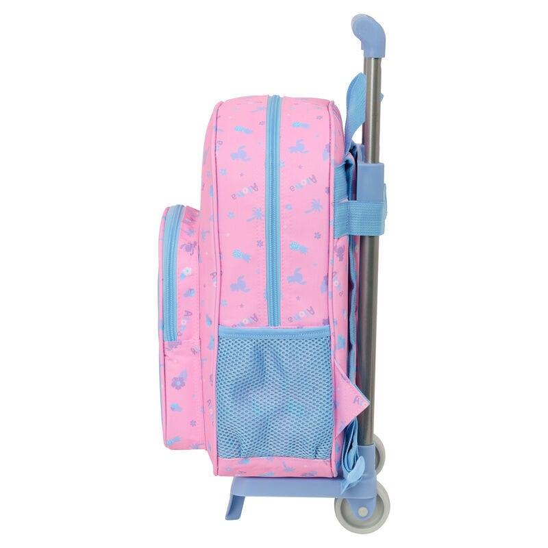Mochila escolar infantil Stitch com rodinhas, bolso frontal, rosa e azul. 3/3