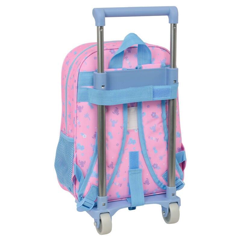 Mochila escolar infantil Stitch com rodinhas, bolso frontal, rosa e azul. 2/3
