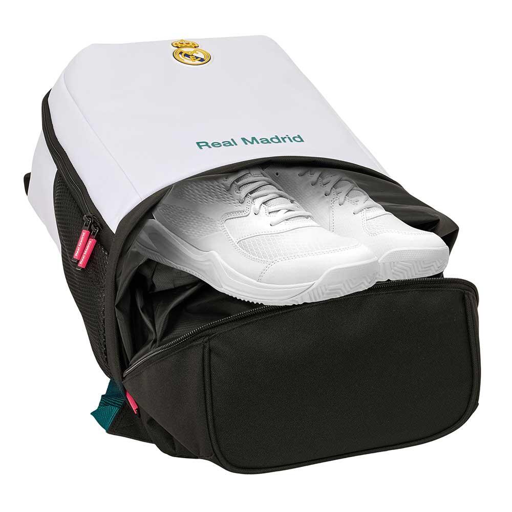 Mochila infantil Real Madrid com suporte para garrafa de água, branca e preta. 4/5