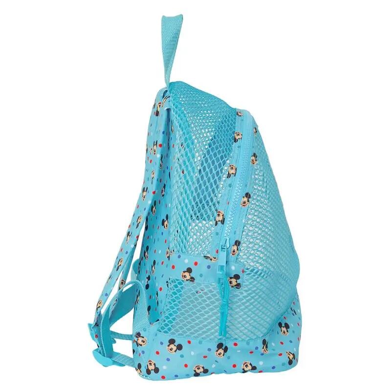 Mochila infantil Mickey Mouse em tela impermeável com zíper turquesa. 3/4