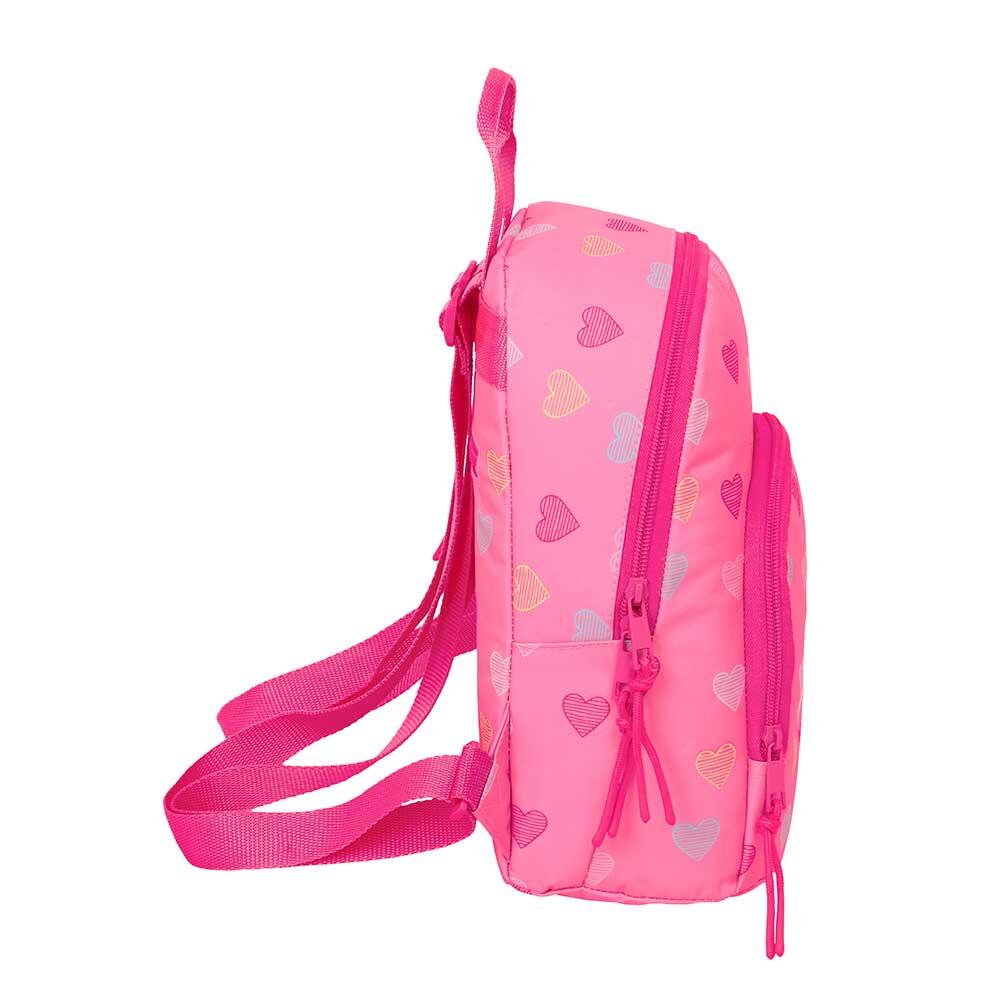 Mochila infantil Benetton Heart Mini com bolso frontal e alças ajustáveis, rosa. 3/4