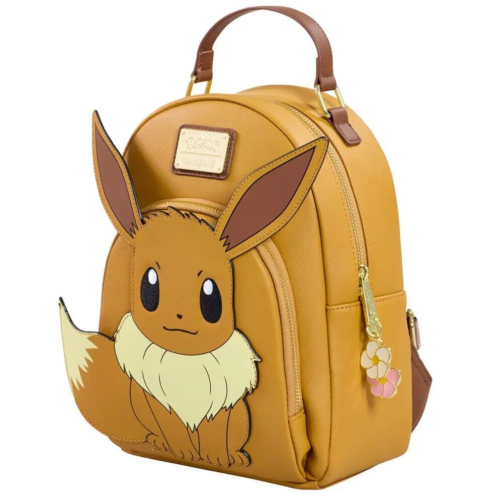 Mochila Pokémon Eevee para adultos em couro vegano com bolso frontal, marrom. 3/4