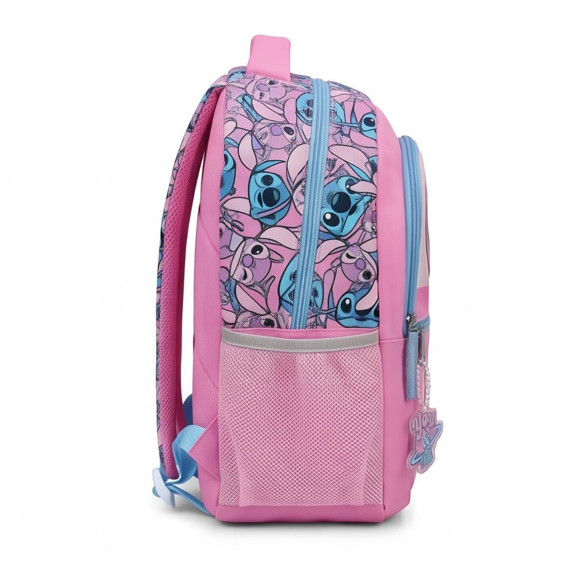 Mochila escolar infantil Stitch em poliéster com bolso frontal, rosa. 3/6