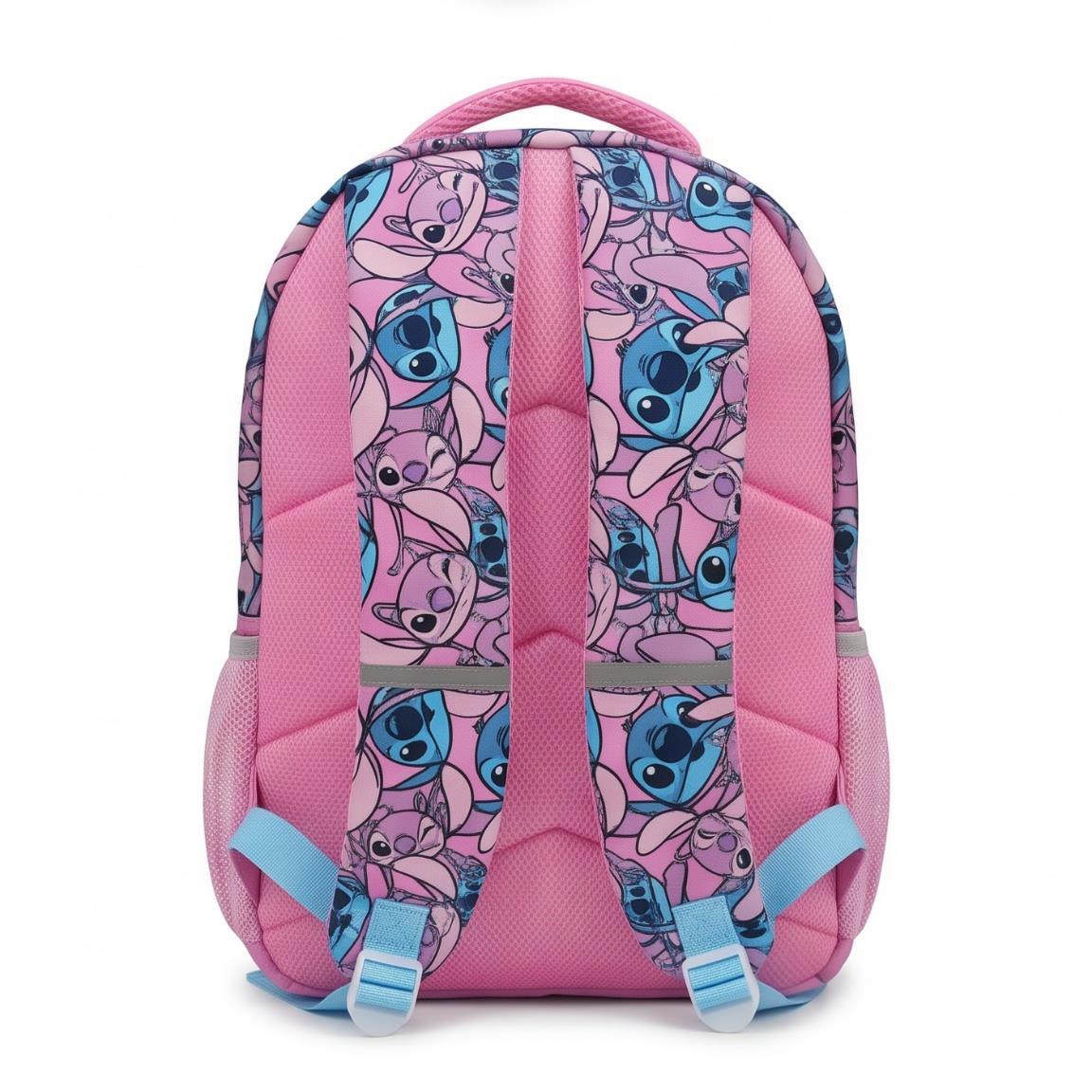 Mochila escolar infantil Stitch em poliéster com bolso frontal, rosa. 2/6