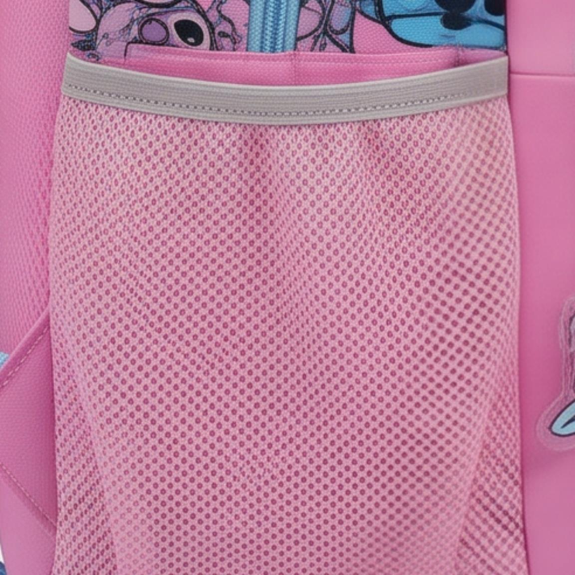 Mochila escolar infantil Stitch em poliéster com bolso frontal, rosa. 5/6