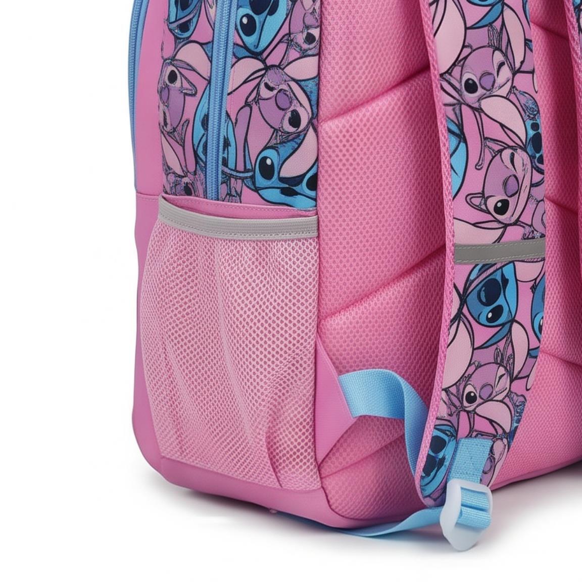 Mochila escolar infantil Stitch em poliéster com bolso frontal, rosa. 4/6