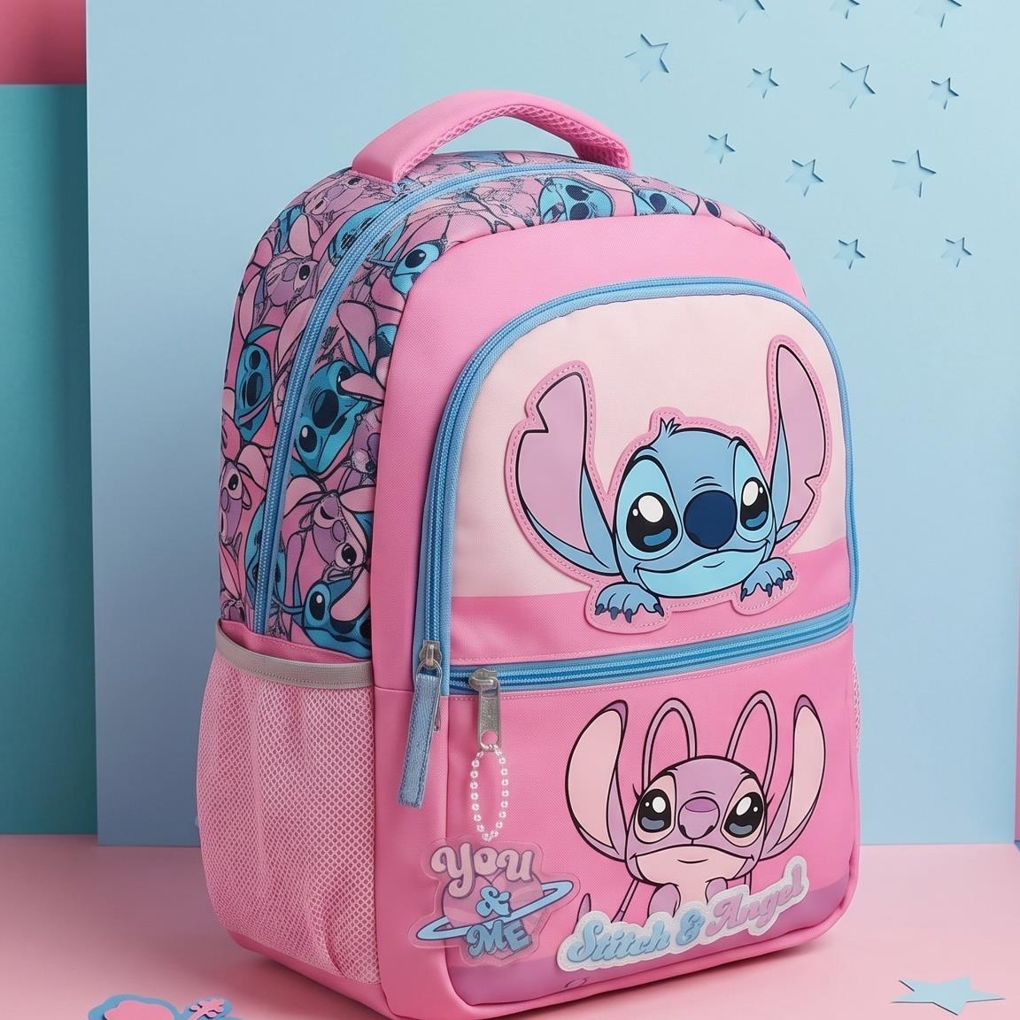 Mochila escolar infantil Stitch em poliéster com bolso frontal, rosa. 6/6