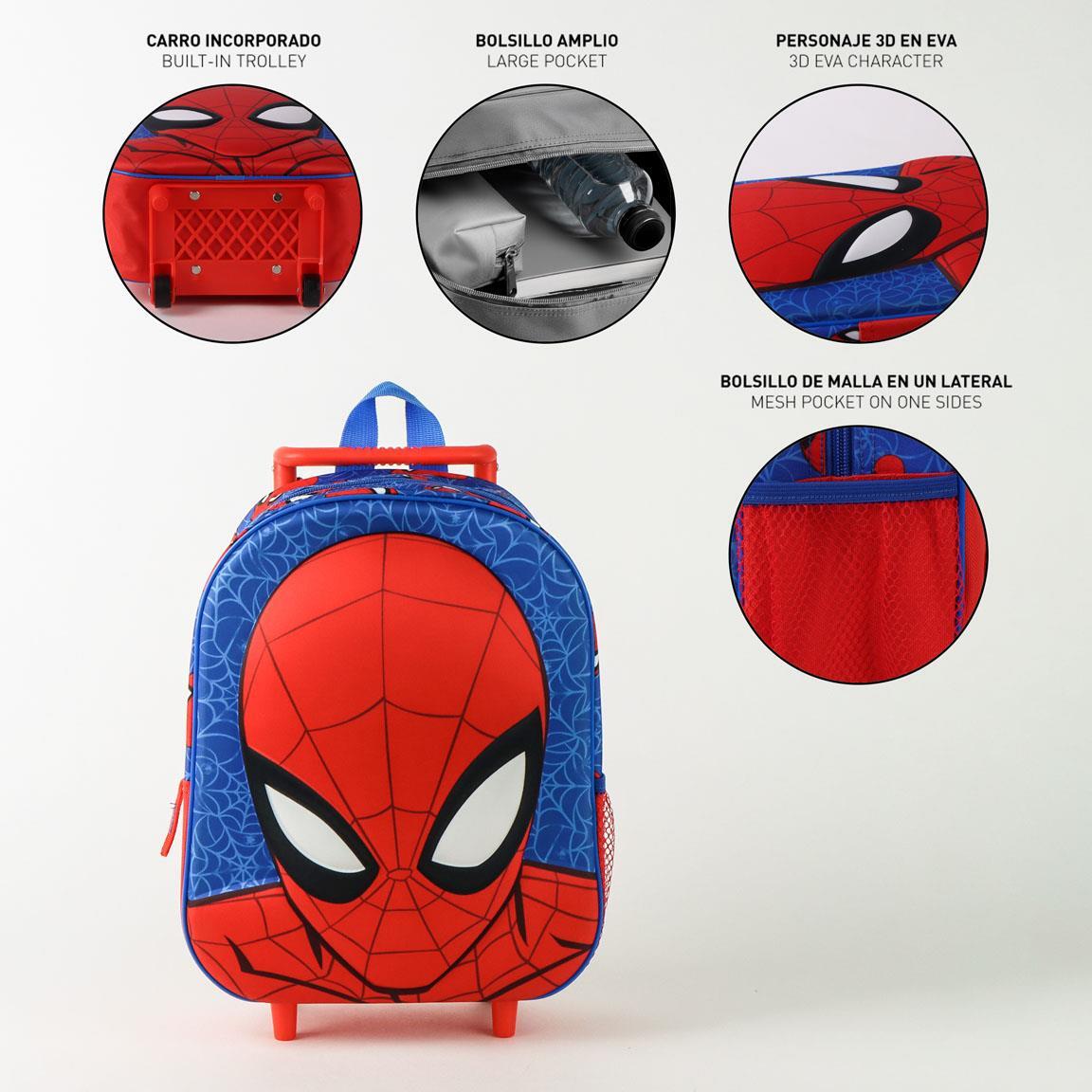 Mochila infantil com rodinhas e estampa do Homem-Aranha em poliéster 3D, azul. 6/6