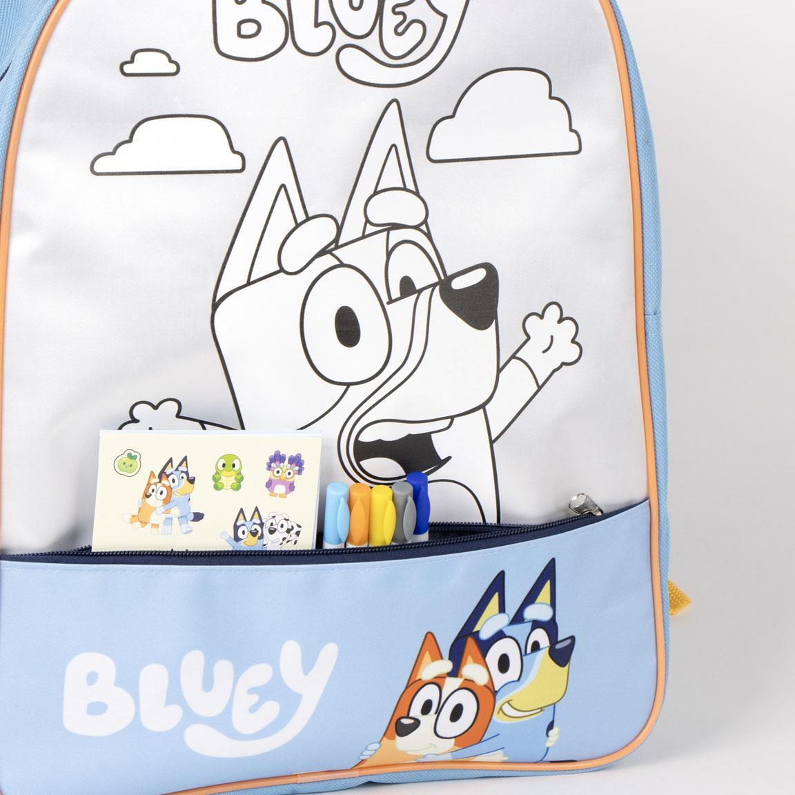 Mochila infantil Bluey DIY em poliéster com marcadores azul-claro. 5/7