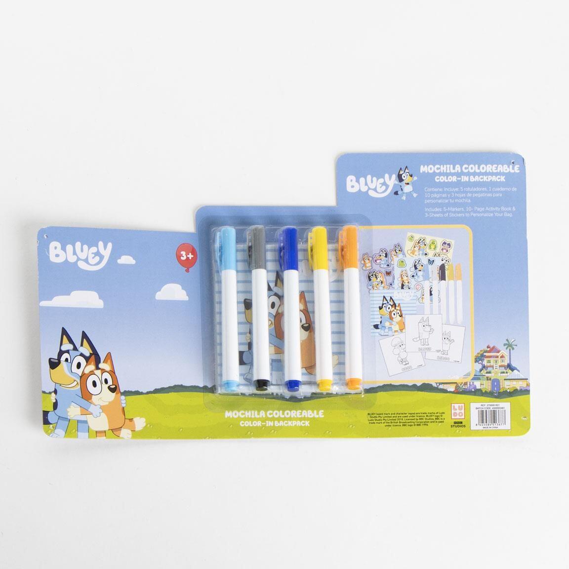 Mochila infantil Bluey DIY em poliéster com marcadores azul-claro. 4/7