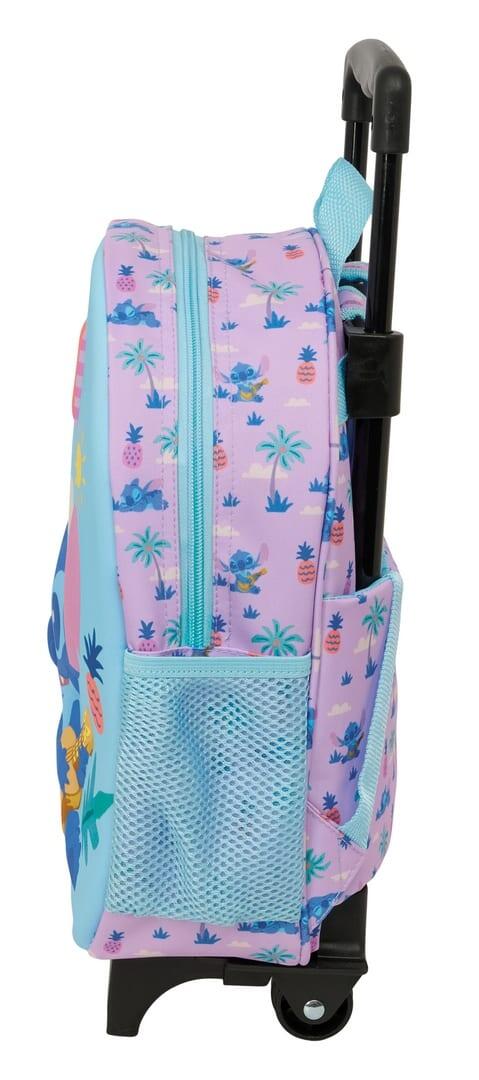 Mochila escolar infantil Stitch 3D com rodas e porta-garrafa, azul e lilás. 3/3
