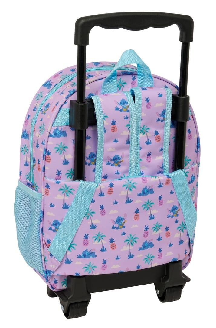 Mochila escolar infantil Stitch 3D com rodas e porta-garrafa, azul e lilás. 2/3