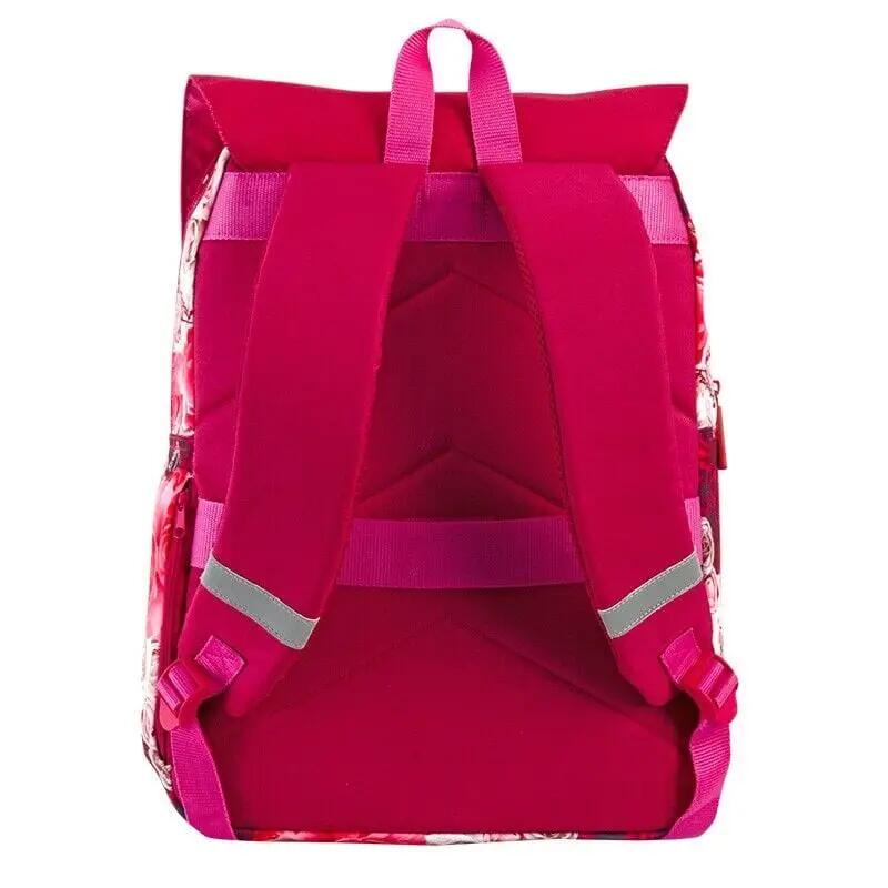 Mochila escolar infantil rosa de 42 cm com bolso frontal e porta-garrafa. 3/4