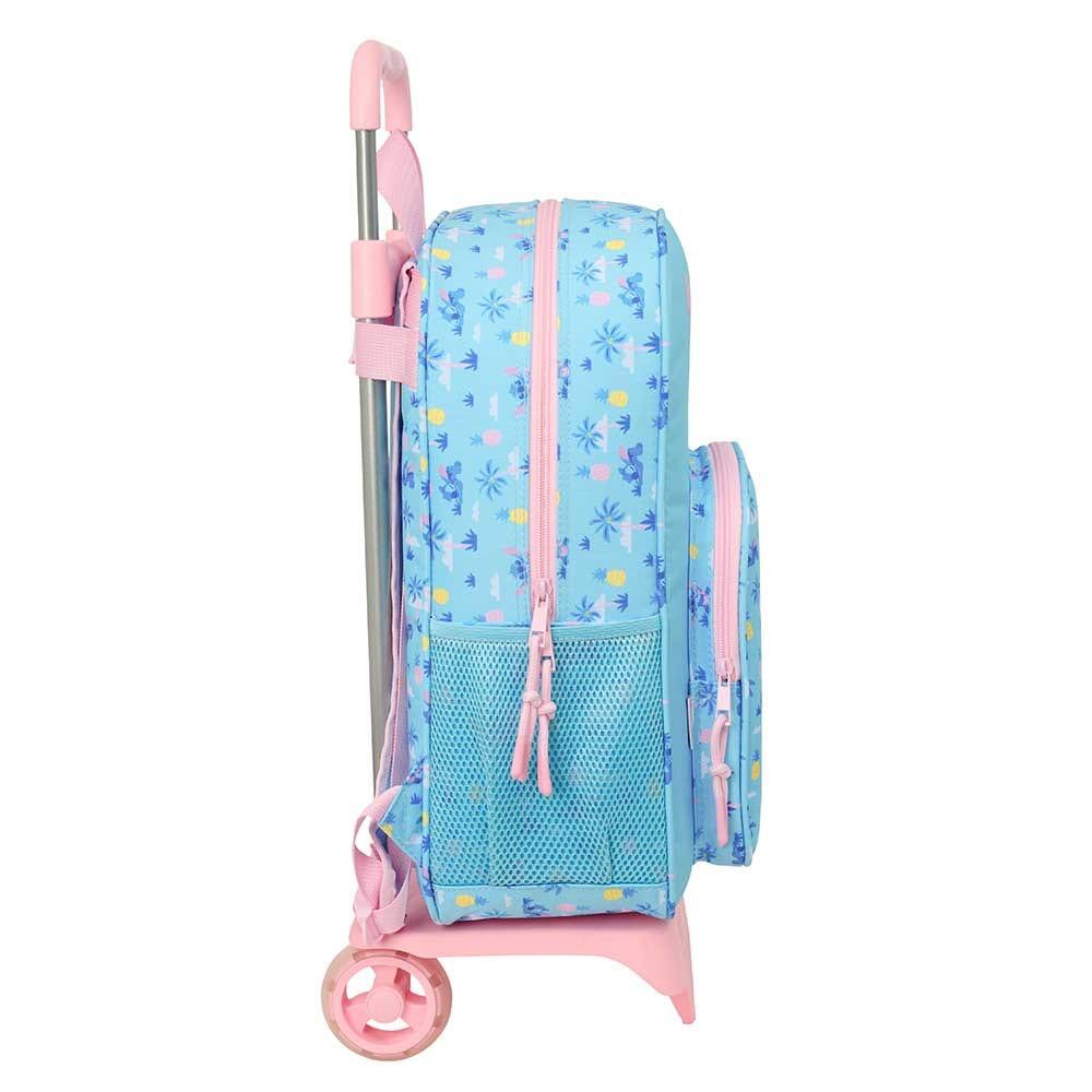 Mochila escolar infantil Stitch com rodinhas e bolso frontal, azul e rosa. 3/3