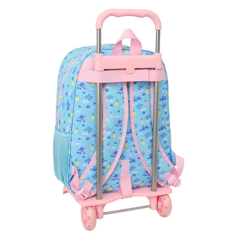 Mochila escolar infantil Stitch com rodinhas e bolso frontal, azul e rosa. 2/3
