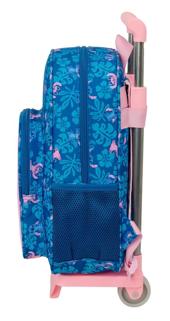 Mochila escolar infantil Stitch com rodinhas e bolso frontal, azul e rosa. 3/3