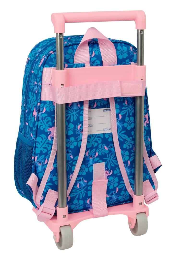 Mochila escolar infantil Stitch com rodinhas e bolso frontal, azul e rosa. 2/3