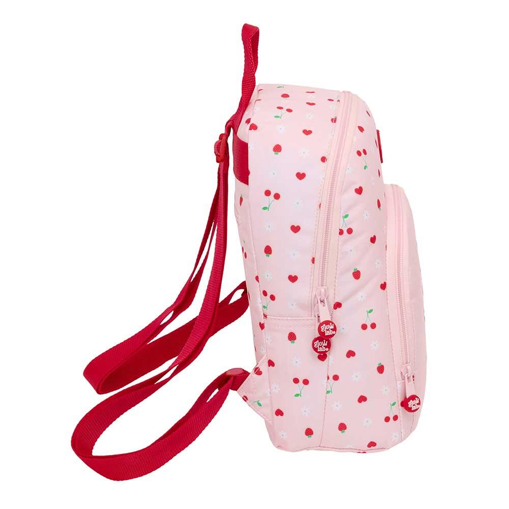 Mochila infantil mini Glowlab com estampa de frutas e bolso frontal, rosa claro. 3/4