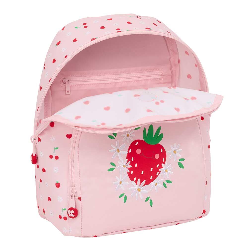 Mochila infantil mini Glowlab com estampa de frutas e bolso frontal, rosa claro. 4/4
