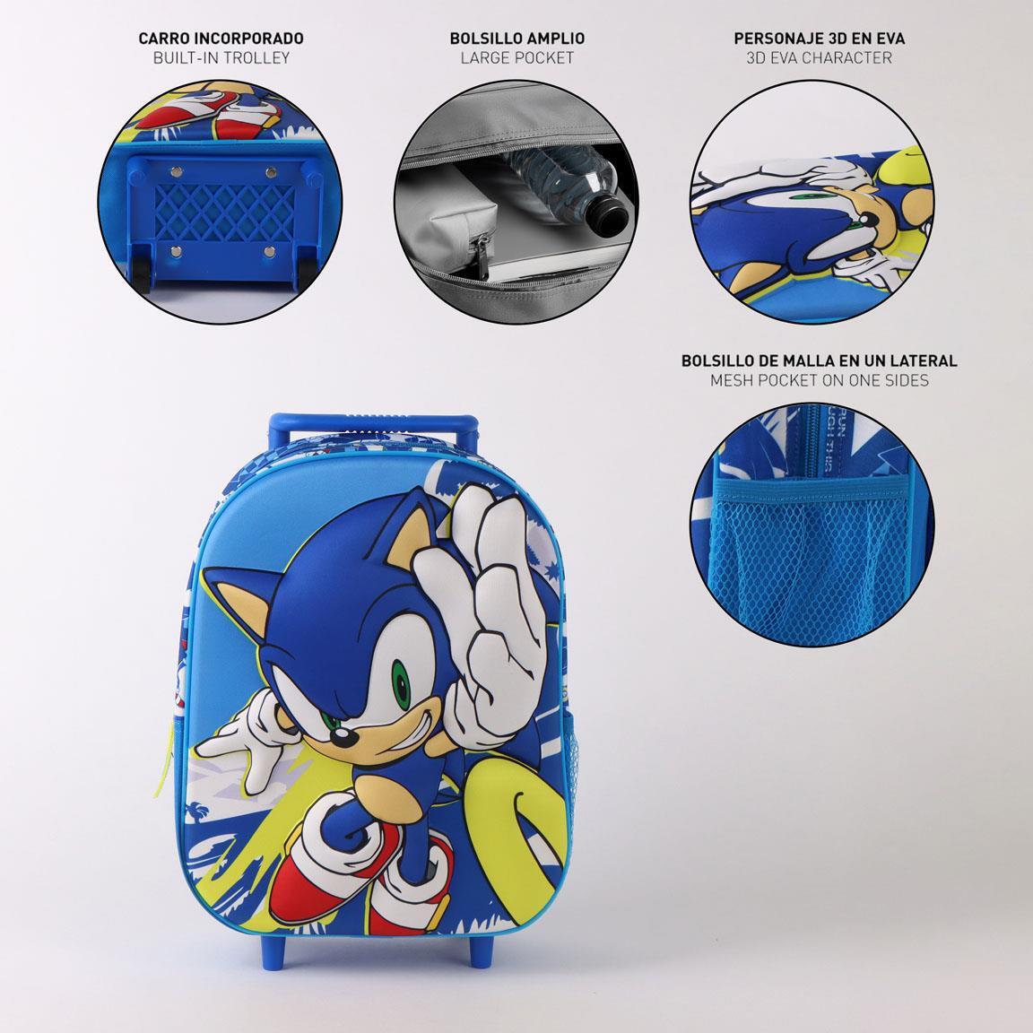 Mochila infantil Sonic 3D com rodinhas, feita de poliéster e EVA, azul. 6/6