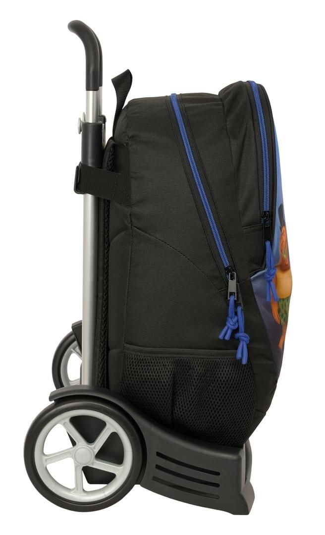 Mochila escolar infantil Brainrot com rodinhas e porta-garrafa, azul e preta. 3/3