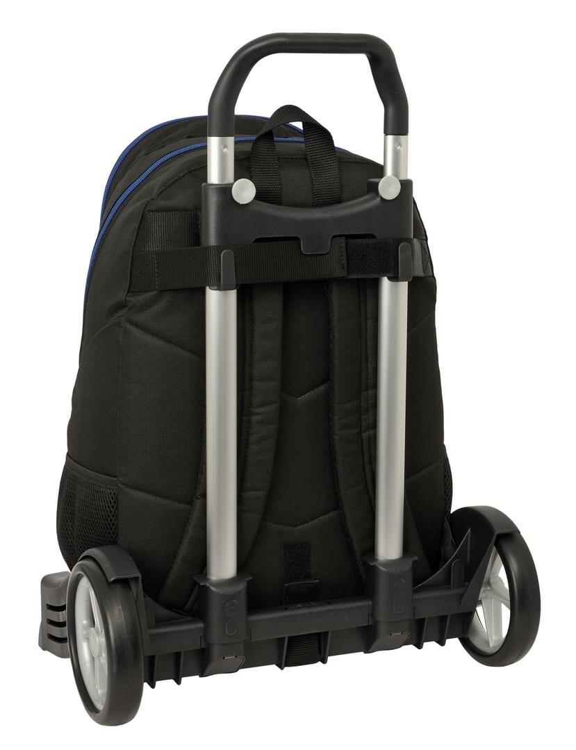 Mochila escolar infantil Brainrot com rodinhas e porta-garrafa, azul e preta. 2/3