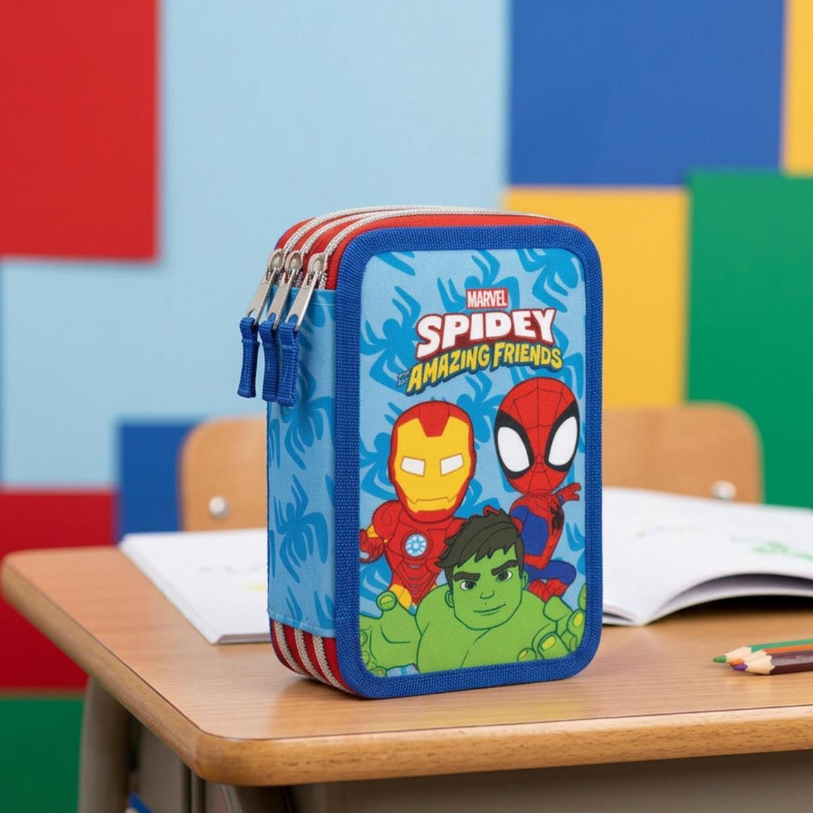 Astuccio doppio Spider-Man Neon per bambini con 28 pezzi e cerniera - Blu 7/7
