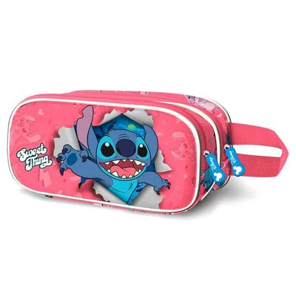 Estuche Portatodo Triple Infantil Stitch y Angel con 3 Cremalleras Rosa