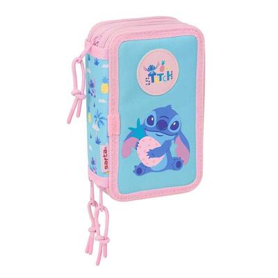 Astuccio triplo Stitch Ohana per bambini con 37 scomparti e cerniera - Blu