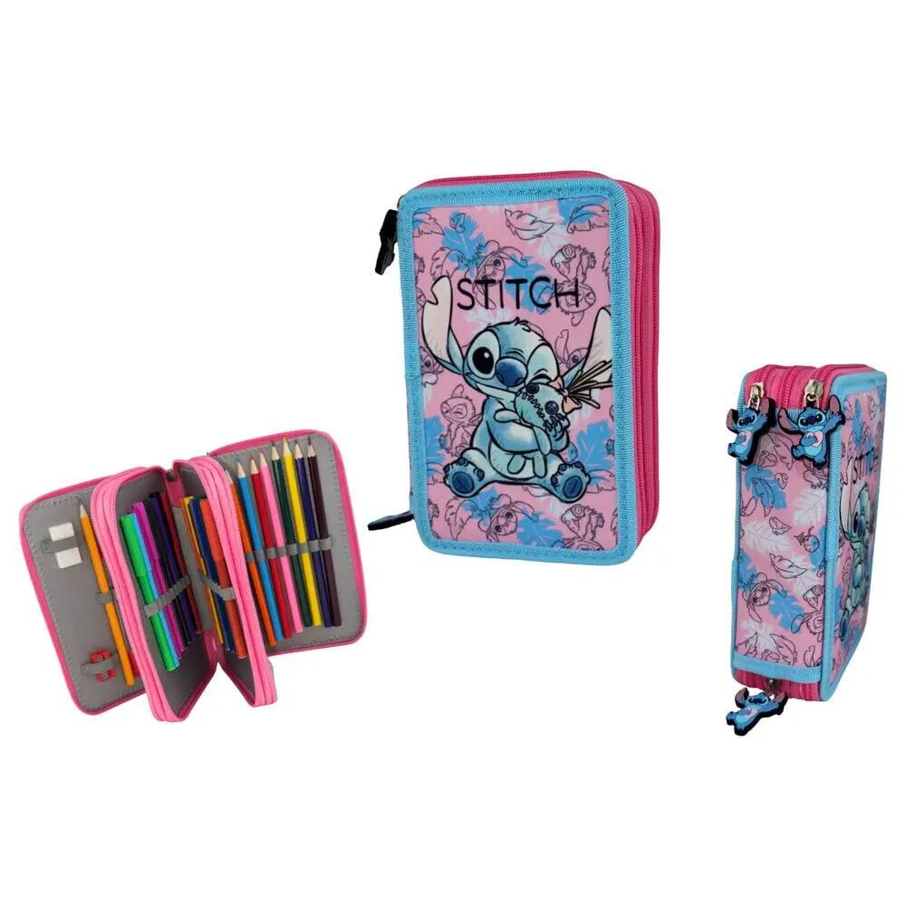 Estojo infantil Stitch com zíper e compartimentos, azul e lilás. 4/5