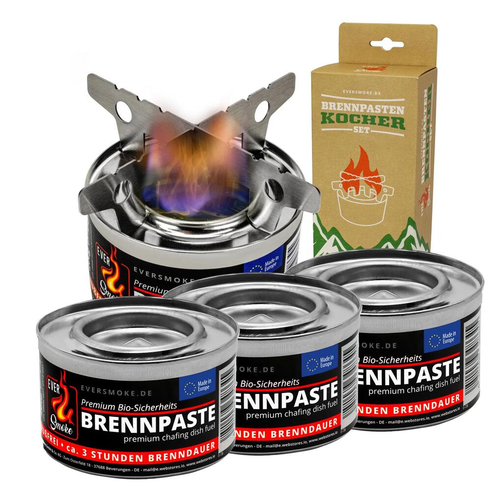 Fuel Paste Cooking Set - 4 x 200 g Fuel Gel - Stainless Steel Stand