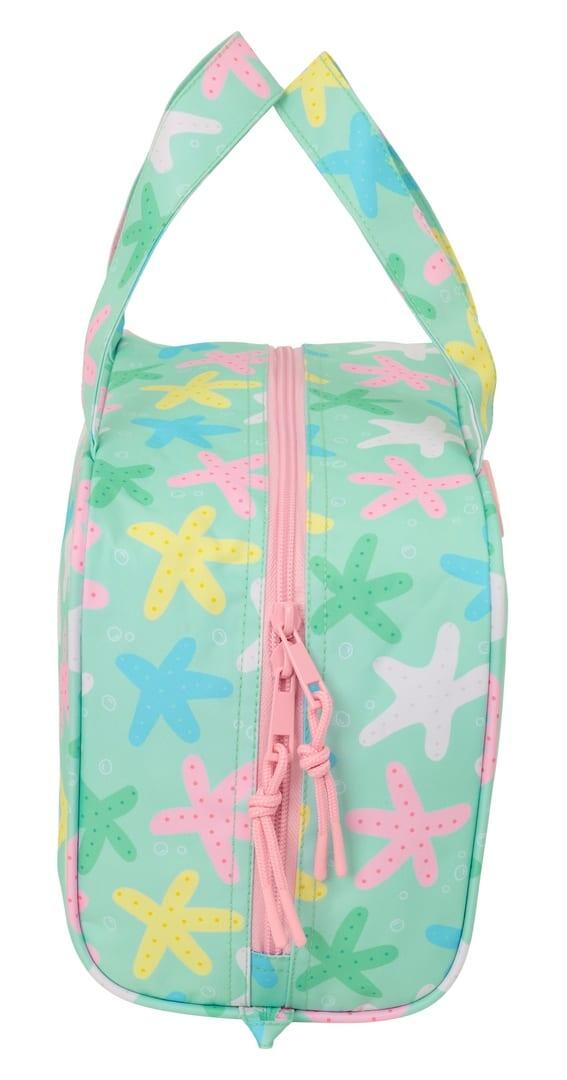 Nécessaire de viagem Starry com alças e zíper, forrada em verde menta. 3/4