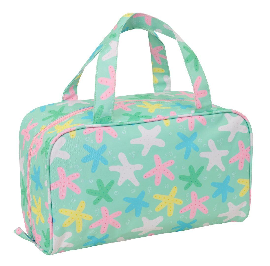 Nécessaire de viagem Starry com alças e zíper, forrada em verde menta. 2/4